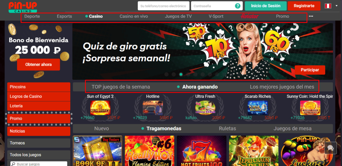 menú de navegación del casino